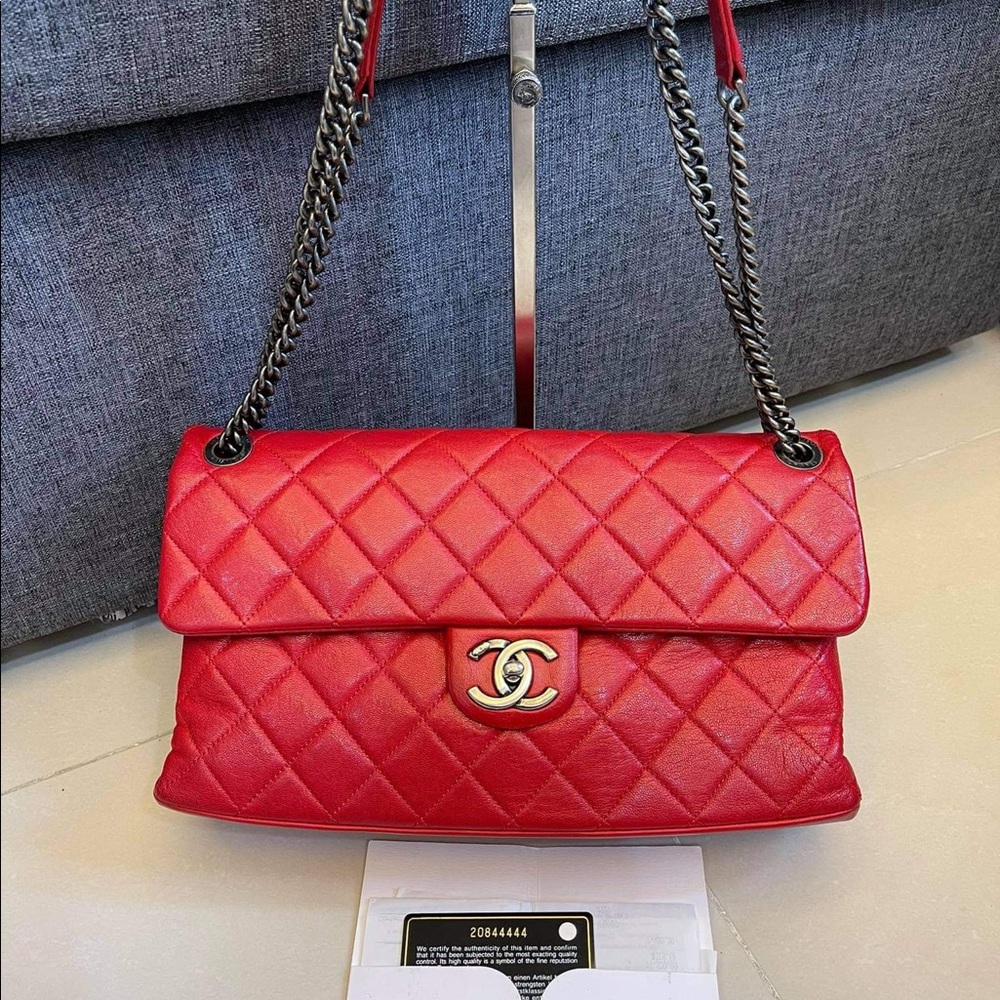 Chanel red caviar classic flap bag